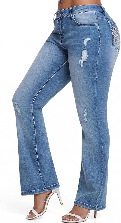 Women's Mid Rise Bootcut Jeans, Stretch Comfortable Denim Pants, Ripped Distressed Jeans for Women Casual Daily Wear, Flattering Bootcut Leg Opening