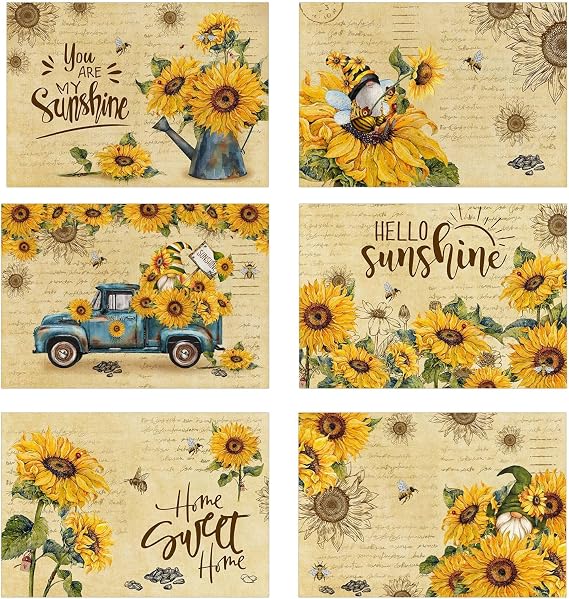 pinata Sunflower Linen Square Summer Spring Placemats Set of 6 | Sunflower Table Decor, Vintage Summer Washable Table Mats, Gnome, Truck, Farmhouse, Indoor, Outdoor, Party Dining Decoration