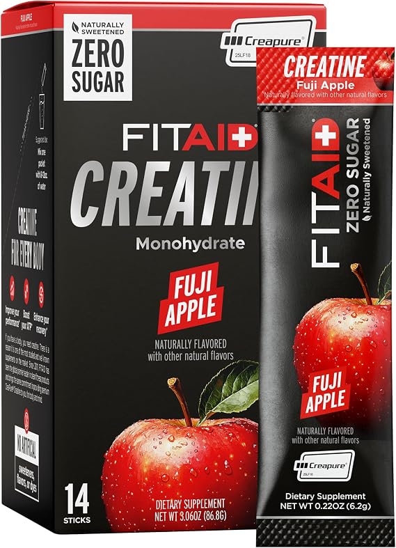 FITAID Creatine Monohydrate Powder, Watermelon Rush Flavor, 14 Single-Serve Packs, Pure Creatine for Women & Men, Pre Workout Supplement for ATP,