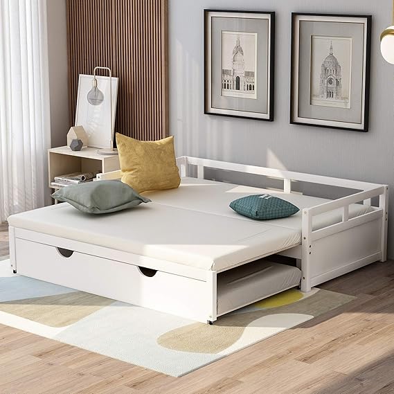 KLMM Extending Daybed with Roll Out Trundle, Twin Size Solid Wood Daybed, No Box Spring Needed