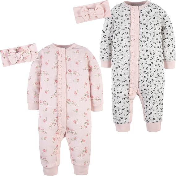Gerber Baby Girls' 4-piece Coveralls & Headband Sets