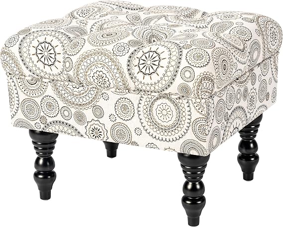 Adeco 20-inch Tufted Ottoman Stool with Wood Legs, Upholstered Foot Rest for Living Room & Bedroom, Mid-Century Boho Accent Stool, Teal Paisley Floral