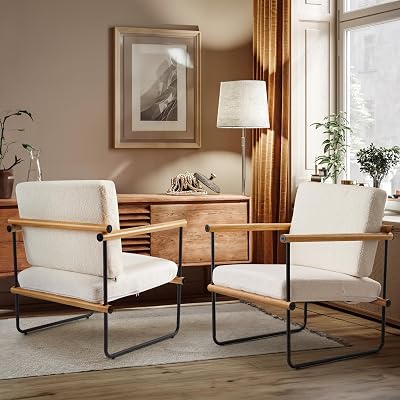 29in Boucle Fabric Accent Chair for Bedroom, Modern Lounge Chair for Living Room, Upholstered Reading Armchair with Metal and Wooden Arms Natural, x2