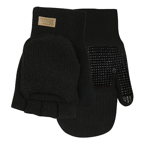 Kinco, 5110OW-OS Alyeska Lined Knit Shell Halff- Finger With Convertible Mitt Hood Ragg Wool Glove Mitts (Black, One Size)