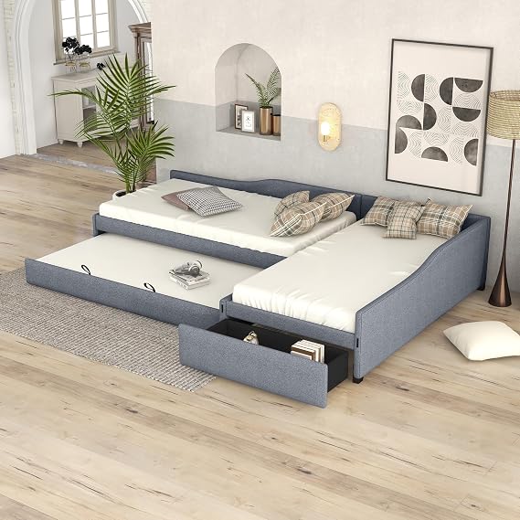 Bellemave L-Shape Platform Bed Twin Size Upholstered Daybed with Trundle and Storage Drawer Linen Corner Day Bed Frame for 3 Kids Boys Girls Teens, Gray