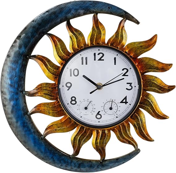 shumi Sun and Moon Outdoor Clock Thermometer Combo, Waterproof for Patio