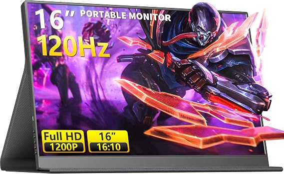 120Hz Portable Gaming Monitor, 16" 1920x1200 IPS Second Monitor for Laptop, Dual USB-C HDMI Computer Display with Speakers, Dual Game Screen Extender for PC, Phone, PS5, Xbox, Switch