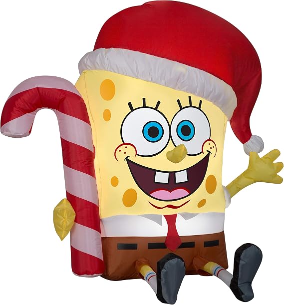 Gemmy Christmas Airblown Inflatable Spongebob w/Candy Cane Nickelodeon, 3 ft Tall, Yellow