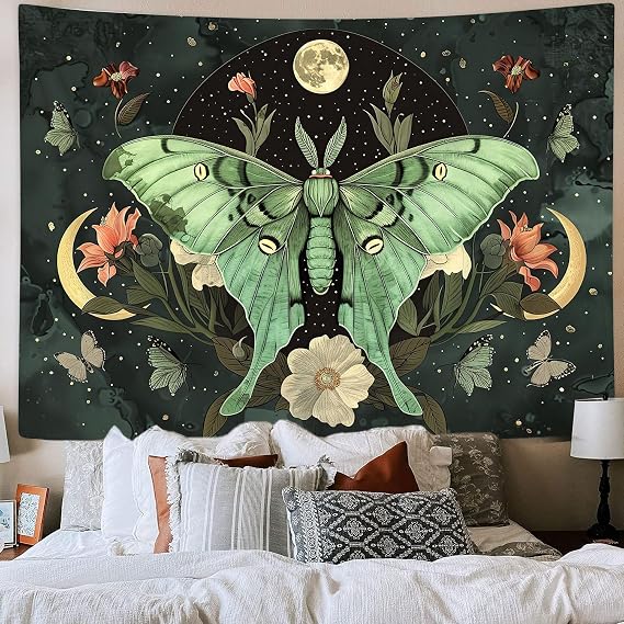 JAWO Green Butterfly Moon luna moth Flower Tapestry Boho Floral Plant moth Tapestries for Bedroom Aesthetic Tapastry's Wall Hanging Mandala Botanical Wall Tapestry for Living Room Dorm 80X60