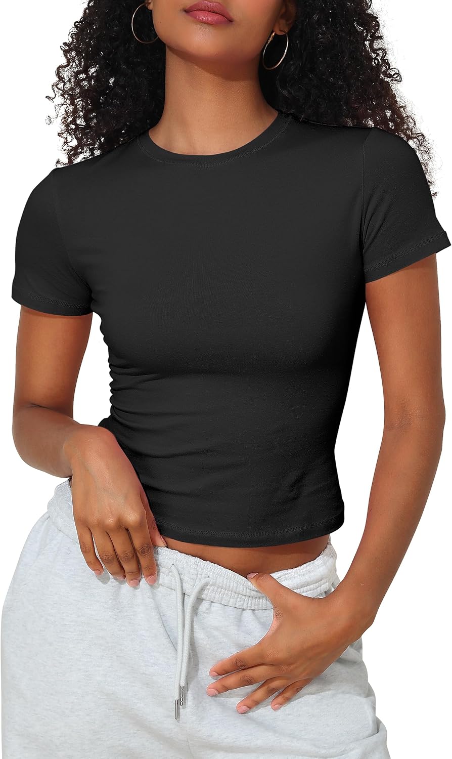 Hilor Womens Casual Basic Cotton T-Shirts Short Sleeve Y2K Going Out Crop Tops Baby Tees Tight Fitted Crew Neck T Shirts