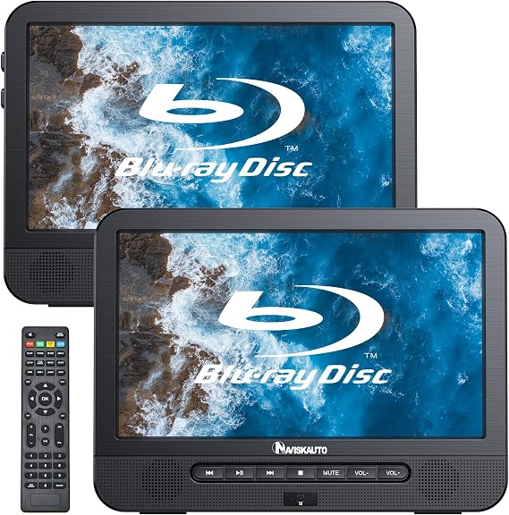 NAVISKAUTO 10.1" Dual Screen Blu Ray DVD Player Support 1080P Video, Dolby Audio, HDMI Out, Portable Player with Rechargeable Battery, Sync Screen, USB SD (Host DVD Player+ Slave Monitor)