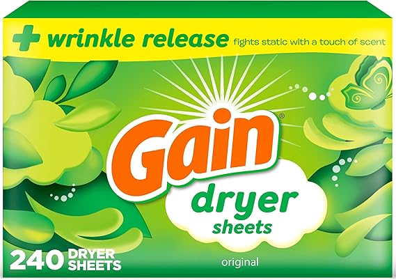 Gain Dryer Sheets Plus Wrinkle Release, Original Scent, 240 Count, Wrinkle Reducing Anti Static Laundry Sheet