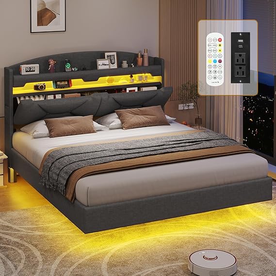 Floating Queen Bed Frame with Hidden Storage Headboard, Dark Grey | Power Outlet, Headboard with Storage Cubby, RGB Floating Platform Bed, No Box Spring Needed, Easy Assembly