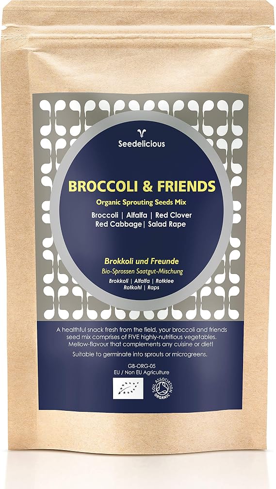 Organic Broccoli & Friends Sprouting Seeds Mix | Non GMO Sprouts & Microgreens | Easy to Sprout in 4 Days with Alfalfa, Broccoli, Red Cabbage & Red Clover (250g)