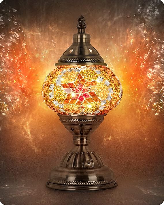 Yarra-Decor Turkish Moroccan Lamp with Bronze Base Handmade Tiffany Mosaic Glass Lamps Portable Bedside Lamps with Rechargeable Battery 2000mAh (LED Bulb Included) (Red2)