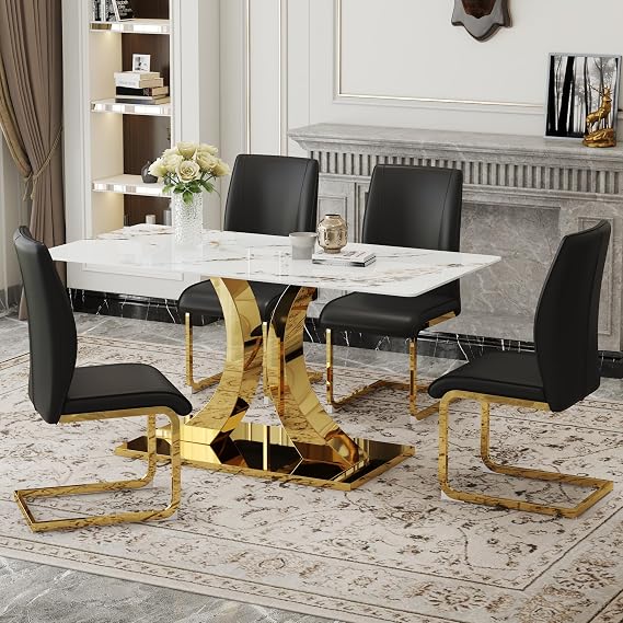 Ebullient 63'' Marble Dining Table Set for 4, Table and Chairs Set of 4 with Gold Metal Base, 5 Piece Dining Table Set for Modern Dining Room Decorate, Dining Room Table Set for 4