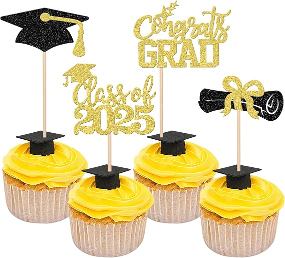 24 PCS 2025 Graduation Cupcake Toppers Glitter Class of 2025 Diploma Congrats Grad Cap Cupcake Picks 2025 Graduation Theme Party Cake Decorations Supplies Gold