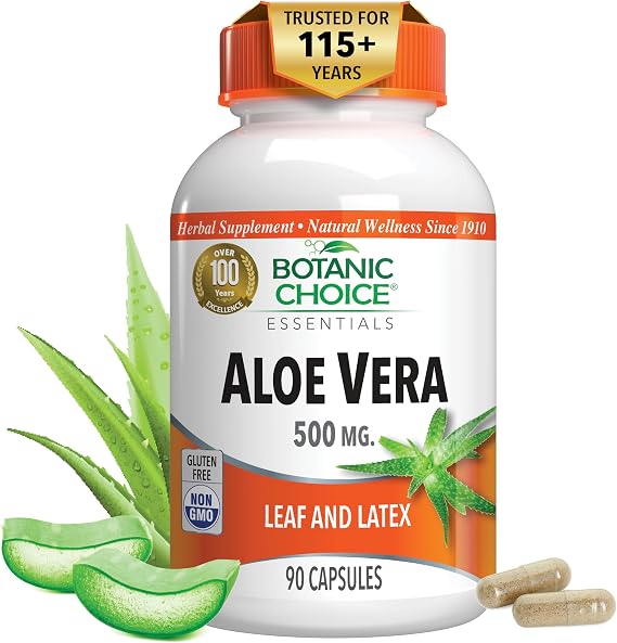 Botanic Choice Aloe Vera Leaf & Latex 500mg, Digestive Support, 90 Capsules | Non-GMO, Gluten-Free with Amino Acids, Vitamins, Minerals & Enzymes; Supports Liver & Stomach Health