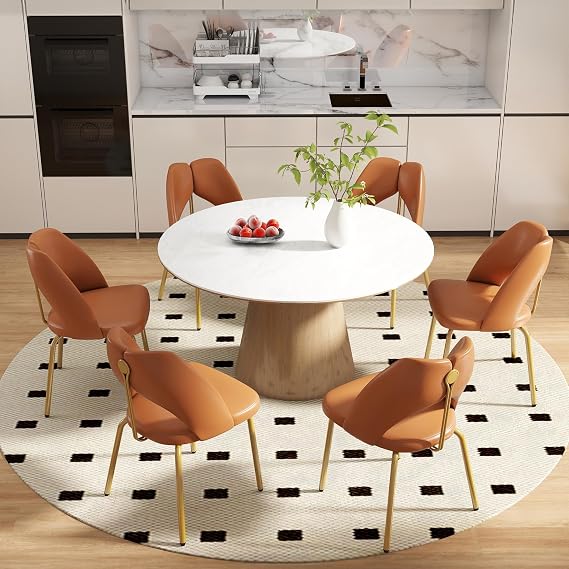 Dining Chairs Set of 6, Mid-Century Modern Kitchen Dining Room Chairs PU Leather Upholstered Dinner Chair with Metal Legs,Orange