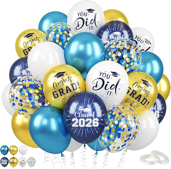 Blue Gold Graduation Balloons, 60 Pcs for Class of 2026 Party Decorations