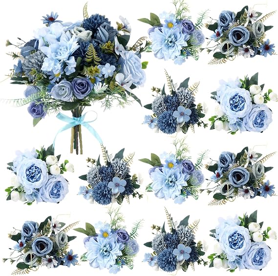 Zeyune 12 Bundles Gradient Blue Artificial Flower Bulk Silk Bouquet, Peonies