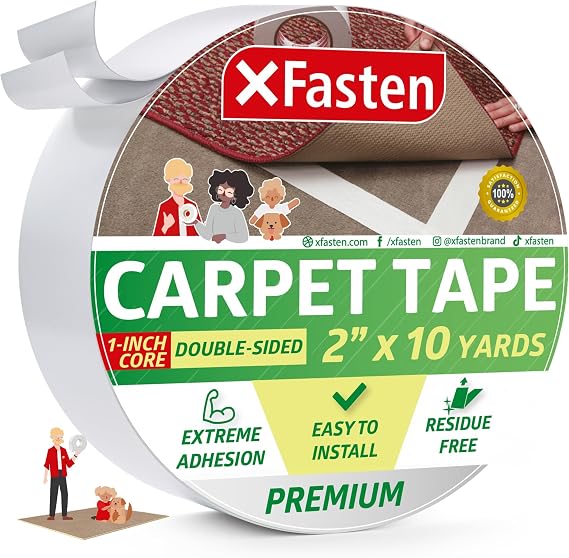 XFasten Double-Sided Carpet Tape for Area Rugs, 2 Inch x 10 Yards (30 Ft), 1-Inch Core Heavy Duty Grippy Residue-Free Silicone Adhesive Keeps Rugs in Place on Hardwood, Laminate and Tile Floors