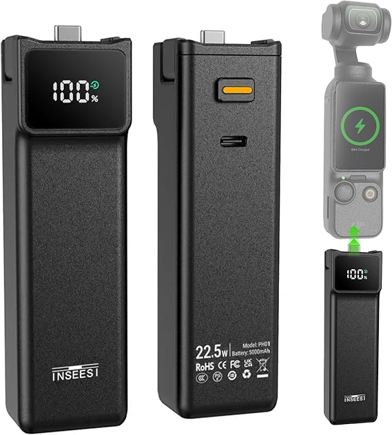 NENNEN Pocket 3 Battery Handle Compatible with DJI Osmo Pocket 3/4/4P, with Digital Screen, Built-in 5000mAh Battery, Reserved 1/4 Thread