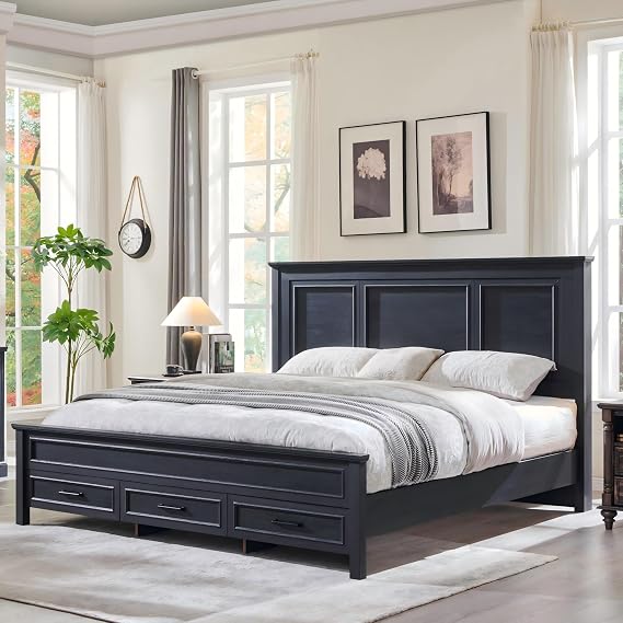 JXQTLINGMU Farmhouse Queen Wood Bed Frame with 52" Tall Headboard & 20" H Footboard, Platform Bedframe with Hidden Storage Drawers, Noiseless, No Box Spring Required, Black