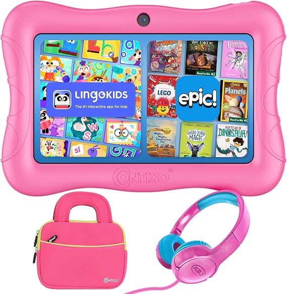 Contixo 7 inch Kids Tablet Bundle - Android Tablets and Kids Wired Headphones, with 14+ Games and Educational Apps, WiFi, 32GB ROM, Learning Tablet for Kids - Pink