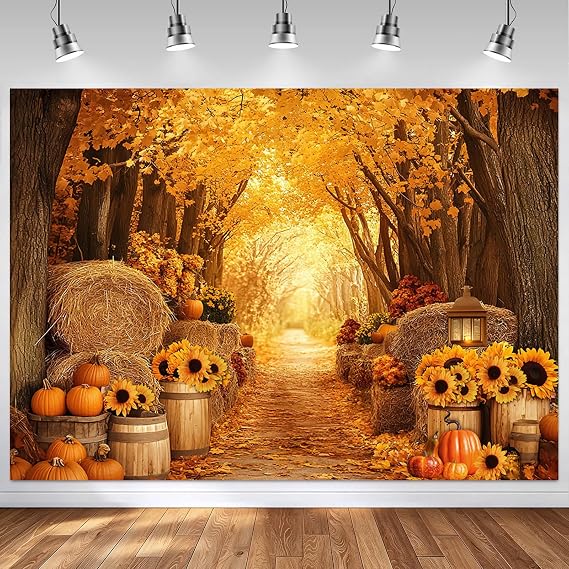 Mocsicka 7x5ft Fall Autumn Backdrop for Photography Autumn Forest Scenery Maple Leaves Pumpkins Background Fall Thanksgiving Day Friendsgiving Party Decorations