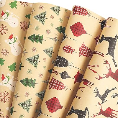 UCOVER Vintage Christmas Gift Wrapping Paper for Boys Girls Kids Baby Xmas Gift Wrapping Paper Brown Kraft Paper 4 Style Tree Santa Snowflake Deer Bell 12 FOLDED SHEET 20×29inch