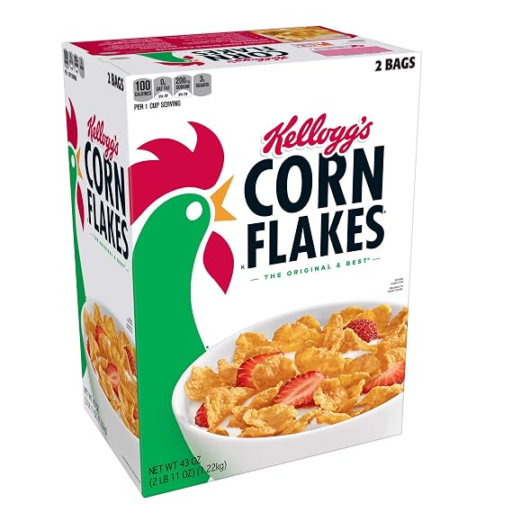 Kelloggs Corn Flakes, Breakfast Cereal, Original, Fat-Free, 43 oz Box