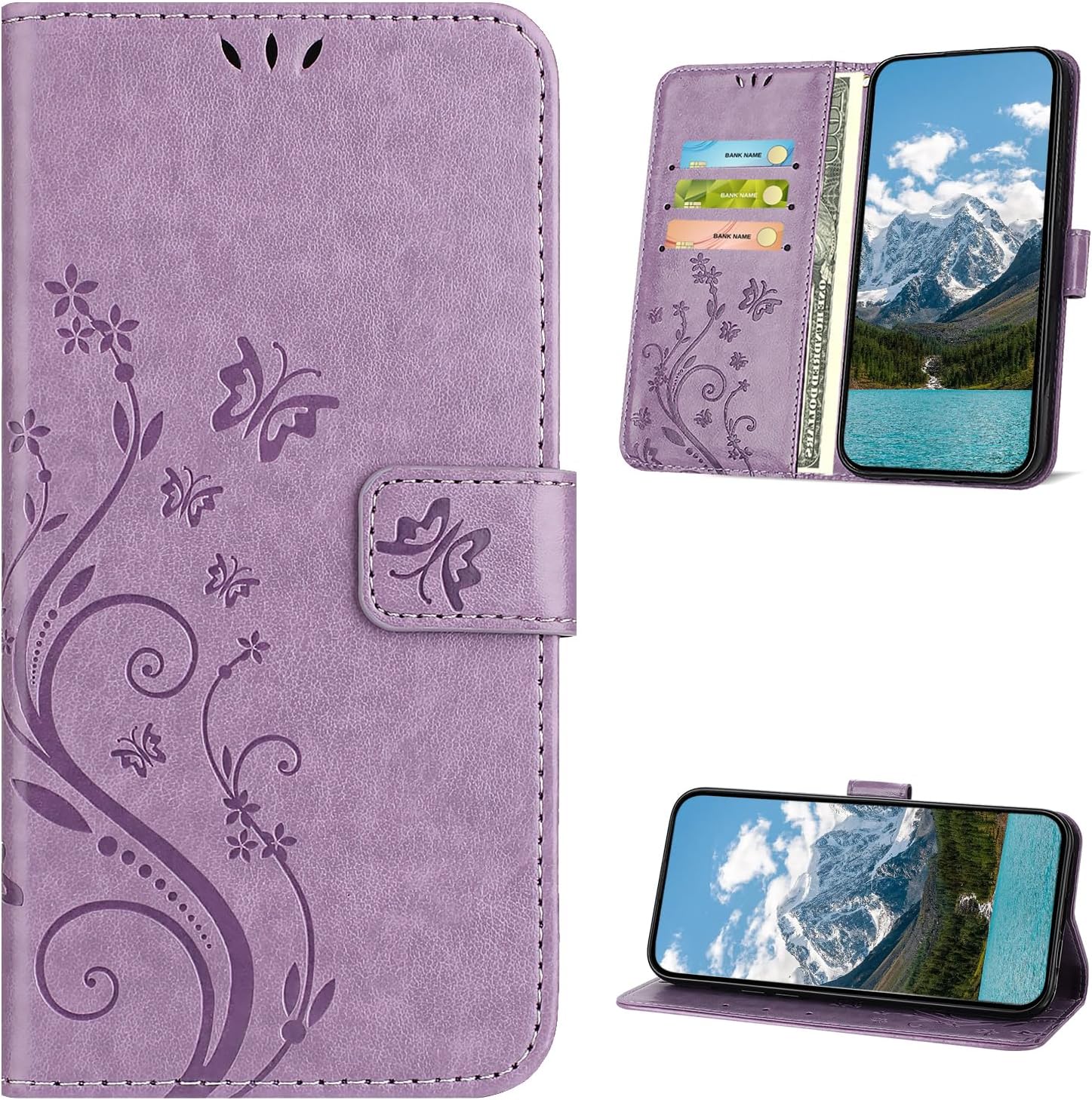 Handyhülle für Huawei Y6 2019 Hülle PU Leder Prägung Klapphülle Mit Kartenfach Flip Case Schutzhülle für Huawei Y6 2019 Lavendel