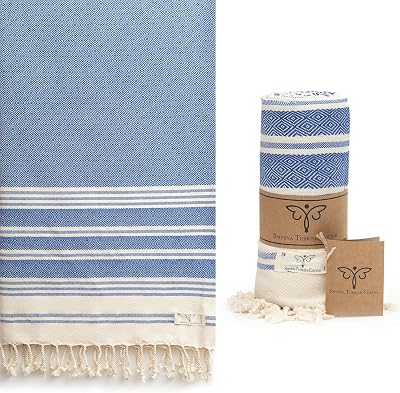 SMYRNA TURKISH COTTON Heritage Series Turkish Beach Towel Oversized, 37x71 inch, Extra Large Quick Dry Sand Free Beach Blanket, Lightweight Cotton Pool, Spa, Travel, Gym, Adult Bath Towel, Azure