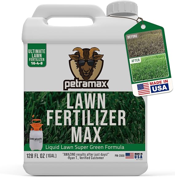 PetraMax Liquid Lawn Fertilizer for Lawns Concentrate - Liquid Fertilizer for Lawns, Food for Grass - 16-4-8 High Nitrogen Lush Green Grass, Phosphorus for Strong Roots - Apply Spring & Summer (1 G)