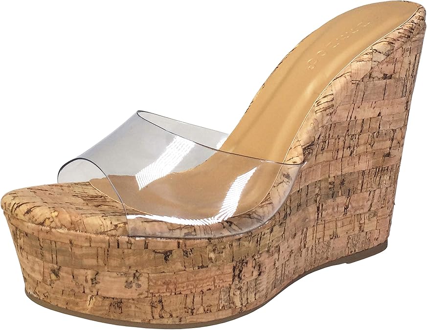BAMBOO Women's Clear Band Platform Wedge Slide