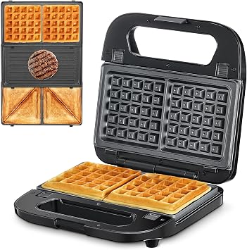 Reemix 3-in-1 Waffle, Grill & Sandwich Maker, Panini Press Grill and Waffle Iron Set with Removable Non-Stick Plates, Perfect for Cooking Grilled Cheese, Tuna Melts, Burgers, Steaks and Snacks, Black 3 in1 Sandwich Maker With Plastic Handle