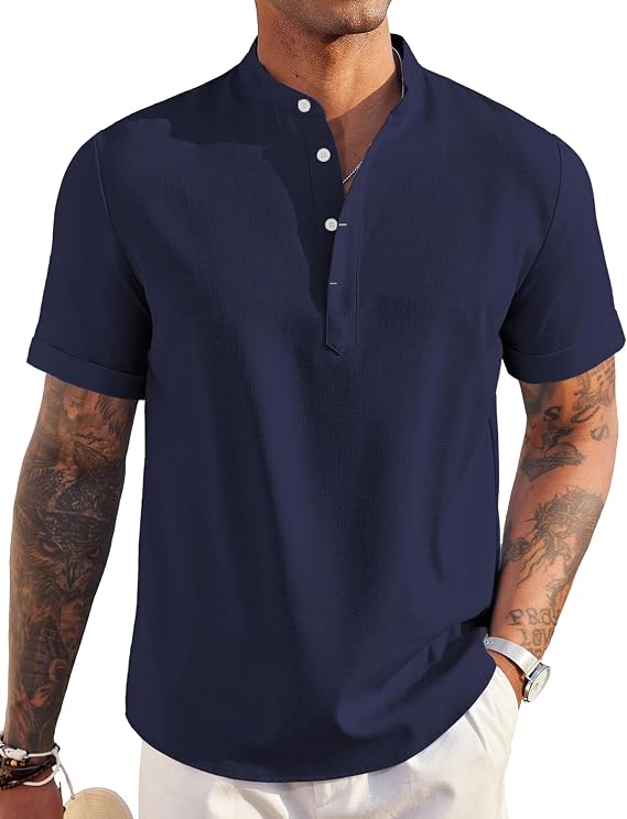 COOFANDY Men's Linen Henley Shirt Short Sleeve Casual Summer Beach Hippie T Shirts