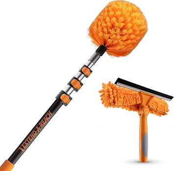 5-13 ft Cobweb Duster & Window Squeegee with Extension Pole // 20 Foot High Reach Spider Web Cleaner Cobweb Brush for Outdoor & Indoor Web Cleaning // Lightweight & Sturdy Telescopic Pole