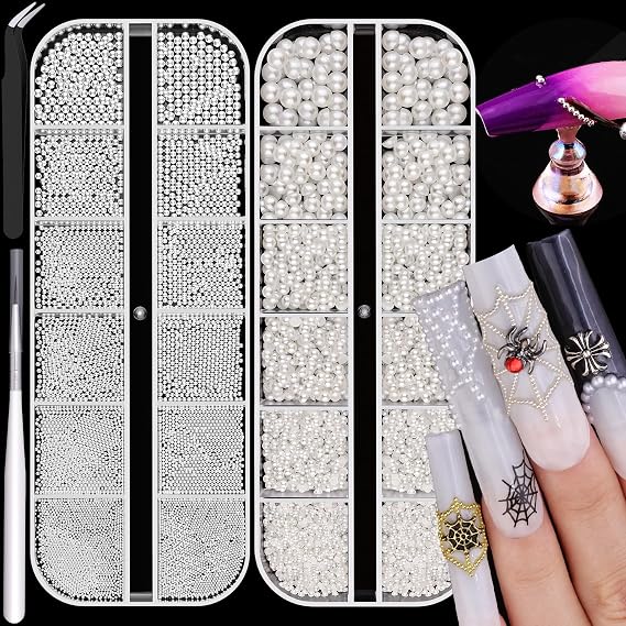 Flatback White Nail Pearls and Metal Silver Nail Beads for Nails Art