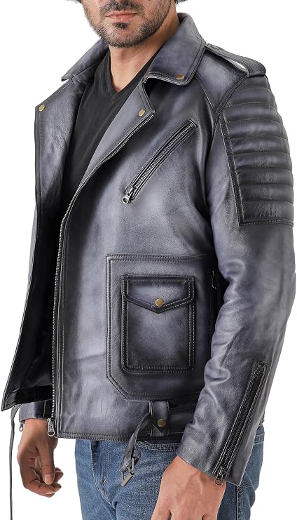 Jild Limited Edition Leather Motorcycle Jacket Men - Vintage Hand Waxed Biker Design with Classic Belt Detail