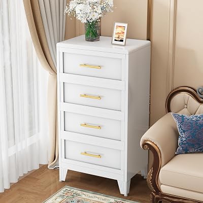 4 Drawers Dresser for Bedroom, Metal Dresser & Chest of Drawers, Tall Storage Cabinet Drawers Organizer with Large Storage Space, Steel Chest of Drawers for Living Room, Hallway-White