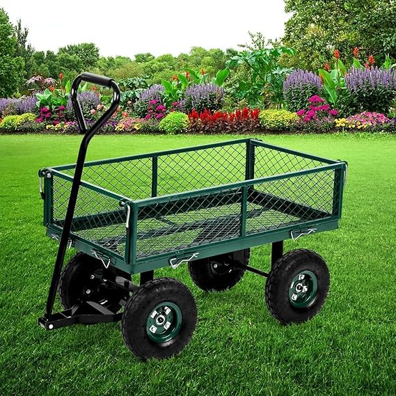 Garden Cart Wagon Carts, Heavy Duty Utility Yard Dump Cart with Removable Sides, Outdoor Mesh Wagon Carrier w/Sturdy Steel Frame & Tires, 400Lbs Weight Capacity, for Lawn Landscape, Green
