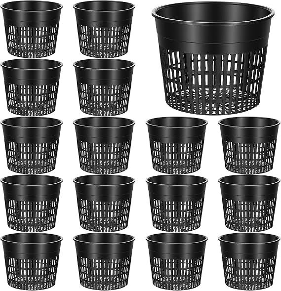 16-Pack Heavy Duty 6 Inch Net Pots for Hydroponics, Black Mesh Net Cup with Slotted Design for Optimal Drainage and Aeration, Durable PP Plant Nursery Pots (Top Dia 6.1in, Bottom Dia 4.73in)