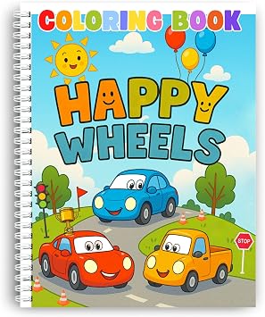 Coloring Book Happy Wheels: Fun Vehicle Adventures for Kids Spiral Bound, Perfect for Boys and Girls. Features Cars, Trucks, Buses & More on Wacky Roads! Thick 199 GSM Paper, Sheet Size 8.5x11 in.