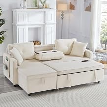 L-Shaped Pull Out Sofa Bed with Storage Chaise, Modern Reversible Sleeper Sectional, 3 in 1 Convertible Sofa Bed with Drop-Down Table, USB & Type-C Charging Ports (Beige)