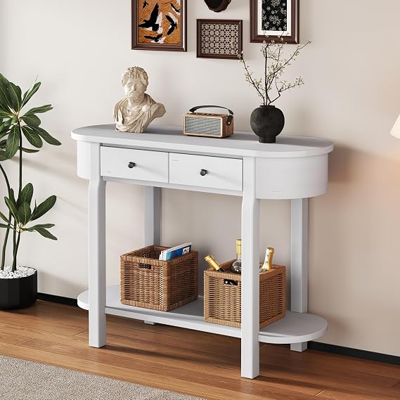 Elegant Retro Console Table, Console Table with Drawers, Curved Design and Smooth Glaze with Storage Shelf for Entryway, Front Hall, Hallway, Living Room (Antique White)