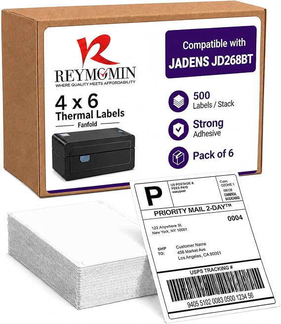 4x6 Thermal Labels for Jadens JD268BT Printer - 500/Stack - 6 Stack