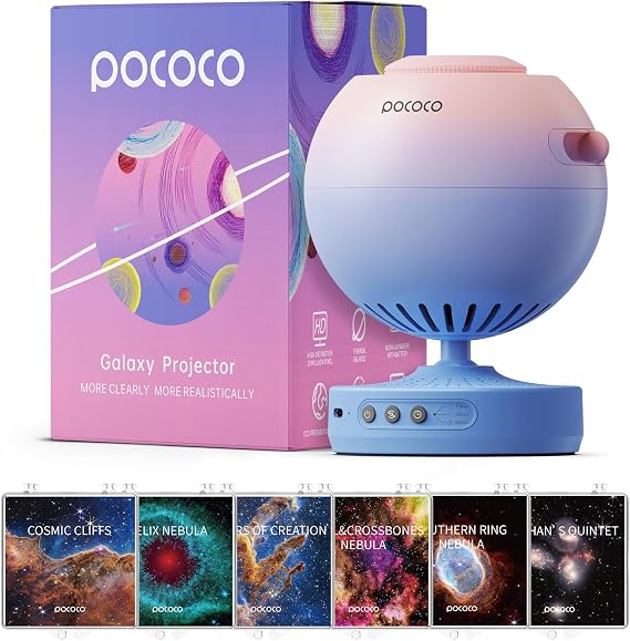 POCOCO Galaxy Star Projector + Fixed Star and Nebula Series Discs | 8 Discs Total, Rechargeable, 1W Soft Light, 2 Megapixel Lens, 5K Discs, Realistic Galaxy