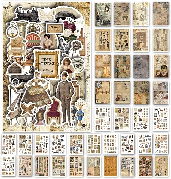 Prstincol Vintage Aesthetic Washi Stickers and Papers for Scrapbooking, 40 Sheets Ephemera Book for Art Journaling with Retro Nostalgic Theme Stickers and Decoupage Papers for Junk Journal